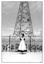  apron commentary_request day dress female fence greyscale long_dress long_sleeves looking_away looking_to_the_side maeya_susumu maid maid-san_wa_taberu_dake maid_apron maid_headdress medium_hair monochrome outdoors plant power_lines profile solo standing suzume_(maid-san_wa_taberu_dake) transmission_tower wide_shot 