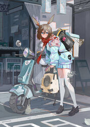  absurdres amiya_(arknights) amiya_(fresh_fastener)_(arknights) animal_ears arknights backpack bag black_footwear blue_eyes blue_jacket blue_skirt brown_hair commentary female full_body ground_vehicle highres jacket loafers long_sleeves looking_at_viewer lwj miniskirt moped motor_vehicle official_alternate_costume pleated_skirt rabbit rabbit_ears red_scarf scarf shoes short_hair skirt skirt_set solo standing thighhighs white_thighhighs 