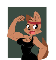  accessory biceps black_clothing black_eyes black_nose black_topwear breasts brown_tail canid canine canis cleavage clothed clothing cute_fangs domestic_dog female headband mammal open_mouth simple_background sollarian solo tail tongue topwear 