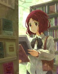  absurdres bag book bookstore bow bowtie brown_eyes commentary female handbag highres holding holding_book juugatsu_itsuka original red_hair shop short_hair solo symbol-only_commentary upper_body 