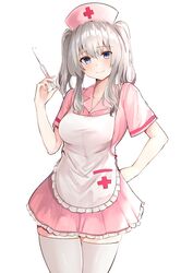  absurdres alternate_costume apron blue_eyes blush breasts closed_mouth cross dress female grey_hair hair_between_eyes hat highres kantai_collection kashima_(kancolle) large_breasts long_hair looking_at_viewer nurse nurse_cap pleated_dress red_cross shiina_aoi sidelocks simple_background smile solo syringe thighhighs twintails uniform wavy_hair white_background white_hair white_thighhighs 