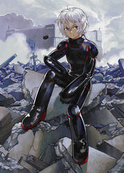  1boy absurdres armor belt belt_buckle black_gloves buckle building closed_mouth dust_cloud expressionless full_body gloves highres jumpsuit knee_up kuga_yuuma male_focus oki_xfourty outdoors power_lines red_eyes replica_(world_trigger) rubble short_hair sideways_glance sitting solo_focus transformation utility_pole white_hair world_trigger 