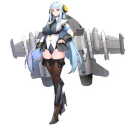  blue_hair boots breasts bumcha female full_body game_cg groin headset highres hraesvelgr_(last_origin) impossible_clothes impossible_leotard large_breasts last_origin leotard light_blue_hair long_hair looking_at_viewer missile necktie official_art sidelocks solo tablet_pc tachi-e thighhighs third-party_source transparent_background very_long_hair yellow_eyes 