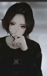  aoi_ogata artist_name black_choker black_hair black_nails black_shirt choker closed_mouth collarbone commentary doomer_girl english_commentary female forehead grey_background hand_to_own_mouth hand_up highres nail_polish original parted_bangs red_eyes shirt short_hair solo upper_body 