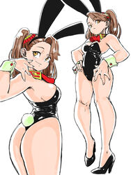  absurdres animal_ears ass backless_leotard bad_id bad_twitter_id bare_legs bare_shoulders black_footwear black_leotard breasts brown_eyes brown_hair cuffs female gundam gundam_build_fighters gundam_build_fighters_try hands_on_own_hips high_heels highleg highleg_leotard highres leotard medium_breasts multiple_views playboy_bunny rabbit_ears rabbit_tail sazaki_kaoruko sideboob simple_background sleeveless smile tail thong_leotard toshinoshin twintails white_background 