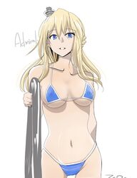  alternate_costume bare_shoulders bikini blonde_hair blue_bikini blue_eyes breasts cleavage commentary_request cowboy_shot female headgear highres kantai_collection large_breasts long_hair looking_at_viewer navel solo swimsuit tada_(tactical_tada) warspite_(kancolle) white_background 