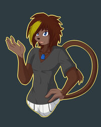  4_fingers anthro bc4life blue_eyes brown_body brown_fur brown_hair brown_skin cel_shading clothed clothing collarbone fingers front_view fully_clothed fur grey_background hair half-length_portrait hand_on_hip haplorhine jameson jewelry looking_at_viewer male mammal manly monkey monkeyboi multicolored_hair necklace open_mouth outline portrait primate quent raised_tail shaded shirt simple_background solo t-shirt tail topwear 