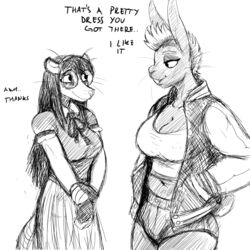  1:1 american_opossum anthro big_breasts breasts clothed clothing dialogue dress duo english_text eyelashes eyewear female fully_clothed glasses greyscale hair hi_res hladilnik jacket lagomorph leporid mammal marsupial marylin_(hladilnik) monochrome nipple_outline nipple_piercing nipples piercing pro_bun_(hladilnik) rabbit smile text topwear virginia_opossum 