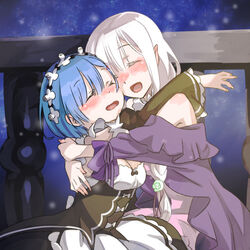  2girls :d ^_^ balcony bare_shoulders blue_hair blush braid breasts cleavage closed_eyes commentary_request detached_sleeves dress elf emilia_(re:zero) frilled_sleeves frills hair_between_eyes hair_ornament hug kabane_(follabi) long_hair maid maid_headdress multiple_girls night open_mouth pointy_ears re:zero_kara_hajimeru_isekai_seikatsu rem_(re:zero) roswaal_mansion_maid_uniform short_hair small_breasts smile star_(sky) white_hair x_hair_ornament 