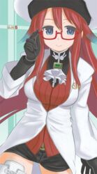  aty_(summon_night) bad_id bad_pixiv_id blue_eyes blush breasts female glasses hat long_hair mawaru_(mawaru) medium_breasts red_hair smile solo summon_night summon_night_5 thighhighs very_long_hair 