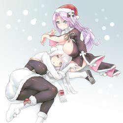  2girls azur_lane blue_eyes breast_rest breasts breasts_on_head cathayan chinese_commentary commentary_request enterprise_(azur_lane) enterprise_(reindeer_master)_(azur_lane) highres huge_breasts lap_pillow large_breasts multiple_girls pantyhose purple_eyes purple_hair unworn_headwear vestal_(azur_lane) white_hair winter_clothes yuri 