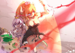  3girls absurdres armlet bilibili-mei9 bowsette bracelet character_request collar commentary_request crown dress energy_barrier goomba highres jewelry luigi&#039;s_mansion mario_(series) multiple_girls new_super_mario_bros._u_deluxe pale_skin princess_king_boo sharp_teeth spiked_armlet spiked_bracelet spiked_collar spiked_shell spiked_tail spikes super_crown tail teeth turtle_shell white_dress white_hair 