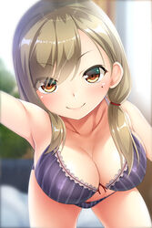  bad_id bad_pixiv_id black_bra black_panties blurry blurry_background blush bow bow_bra bow_panties bra breasts brown_hair cleavage closed_mouth collared_shirt commentary depth_of_field female frilled_bra frills hair_over_shoulder hair_tie highres kneeling leaning_forward long_hair looking_at_viewer medium_breasts mole mole_under_eye noshimasa orange_eyes original panties photoshop_(medium) reaching reaching_towards_viewer selfie shirt smile solo striped_bra striped_clothes striped_panties swept_bangs twintails underwear underwear_only vertical-striped_bra vertical-striped_clothes vertical-striped_panties 