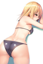  arm_pillow arm_support ass ass_visible_through_thighs back blonde_hair blush breasts butt_crack cameltoe closed_mouth commentary_request female from_above from_behind highres light_smile looking_to_the_side lying medium_breasts medium_hair noshimasa on_stomach original partial_commentary photoshop_(medium) simple_background solo swimsuit thighs white_background 