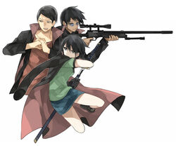  2boys black_hair carlos_(etsusa_oohashi) etsusa_oohashi female gloves greatest_chang gun jacket jacket_on_shoulders katana kuragesaki multiple_boys rifle short_hair sniper_rifle sunglasses sword weapon yukimura_nazuna 