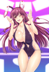  animal_ears bad_id bad_pixiv_id blush braid breasts casual_one-piece_swimsuit cleavage female infinite_stratos large_breasts long_hair one-piece_swimsuit one_eye_closed open_mouth purple_eyes purple_hair rabbit_ears rabbit_pose shinonono_tabane smile solo swimsuit zucchini 