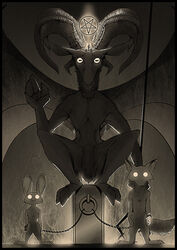  2018 6_horns absurd_res anthro as_above_so_below_pose baphomet_(deity) black_border border bound bovid canid canine caprine caprine_demon card chains crouching cuff_(restraint) deity demon digital_media_(artwork) dipstick_ears disney ear_markings featureless_crotch female fire fortune_telling fox glowing glowing_eyes goat goat_demon grainy group hi_res horizontal_pupils horn inverted_pentacle judy_hopps lagomorph leporid looking_at_viewer major_arcana male mammal membrane_(anatomy) membranous_wings monochrome multi_horn multicolored_ears nick_wilde nude occult_symbol parody pentacle pentagram pupils rabbit red_fox restraints sepia shackles spread_wings standing symbol tarot tarot_card the_devil_(tarot) thewyvernsweaver true_fox wings zootopia 