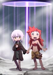  1other book coat commentary_request female highres holding_hands long_hair made_in_abyss mitty_(made_in_abyss) mitty_(made_in_abyss)_(human) nanachi_(made_in_abyss) nanachi_(made_in_abyss)_(human) red_eyes red_hair sandals short_hair skirt torn_clothes uchuu_ika white_hair yellow_eyes 