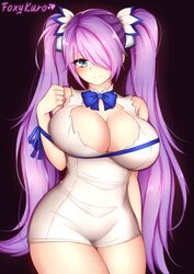  artist_name blue_bow blue_eyes blue_ribbon blush bow breasts cleavage_cutout closed_mouth cosplay dress dungeon_ni_deai_wo_motomeru_no_wa_machigatteiru_darou_ka hestia_(danmachi) hestia_(danmachi)_(cosplay) impossible_clothes impossible_dress kuro_kitsune kurona_reole large_breasts lavender_hair long_hair looking_at_viewer original rei_no_himo ribbon short_dress sleeveless sleeveless_dress smile standing twintails very_long_hair white_dress 