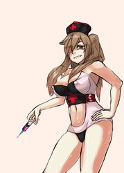  bare_shoulders breasts brown_hair cleavage erect_nipples female female hat j.k. large_breasts lip_bite long_hair looking_at_viewer midriff navel nurse oerba_yun_fang parted_lips red_eyes smile solo standing twintails 