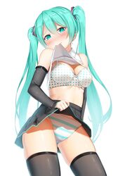  aqua_eyes aqua_hair ass_visible_through_thighs bad_id bad_pixiv_id bare_shoulders black_skirt bow bow_bra bra breasts cleavage clothes_lift detached_sleeves female green_eyes hachinatsu hair_ornament hatsune_miku head_tilt highres lifting_own_clothes long_hair long_sleeves looking_at_viewer medium_breasts midriff mismatched_underwear panties pleated_skirt polka_dot polka_dot_bra raised_eyebrows shiny_skin shirt shirt_lift simple_background skin_tight skirt skirt_lift sleeveless sleeveless_shirt solo standing striped_clothes striped_panties thighhighs thighs twintails underwear very_long_hair vocaloid white_background white_bra 