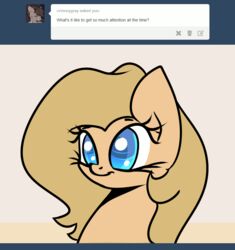  2d_animation animated ask_blog backy_(mlp) blue_eyes english_text equid equine fan_character female fur hair hasbro horse mammal my_little_pony pony slavedemorto solo tan_body tan_fur tan_hair text tumblr user_avatar 