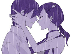  1boy black_hair ei_yi_li etsusa_oohashi female forehead-to-forehead heads_together kugi_seiichi kuragesaki long_hair looking_at_another monochrome purple_theme rain short_hair wet 