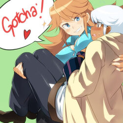  1boy ^^^ blue_eyes blush breasts carrying coat commentary_request covered_nipples dark-skinned_male dark_skin female freckles green_background grin hood hood_down large_breasts long_hair monsuno naso4 noah_(monsuno) orange_hair princess_carry role_reversal smile straight vicky_(monsuno) white_hair 