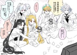  2boys 3girls armor bare_shoulders black_hair blonde_hair blue_eyes commentary_request controller earrings ereshkigal_(fate) fate/grand_order fate_(series) game_controller gilgamesh_(caster)_(fate) gilgamesh_(fate) grey_hair hair_ribbon hat ishtar_(fate) jewelry kneeling long_hair long_legs merlin_(fate) momochi_(orrizonte) multiple_boys multiple_girls open_mouth partially_colored playing_games pointing ponytail red_eyes ribbon short_hair siblings sisters sitting television tiara tomoe_gozen_(fate) translation_request two_side_up very_long_hair 