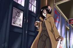  2016 anthro bag beverage british_broadcasting_corporation clothed clothing coffee cosplay doctor_who felid female fur hair holding_object kris_(excitedcargoyle) lion looking_at_viewer low-angle_view mammal mishabahl open_mouth pantherine solo standing tardis tenth_doctor the_doctor_(doctor_who) 