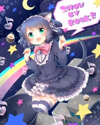  :d animal_ears arisugawa_maple bad_id bad_pixiv_id bell blue_hair blush bow building cat_ears cat_girl cat_tail copyright_name crescent curly_hair cyan_(show_by_rock!!) dress eighth_note english_text female full_body green_eyes heart jingle_bell layered_dress lolita_fashion long_sleeves looking_at_viewer maid_headdress musical_note open_mouth outline pink_bow sanotsuki show_by_rock!! smile sparkle speech_bubble spoken_copyright star_(symbol) striped_clothes striped_thighhighs tail thighhighs 