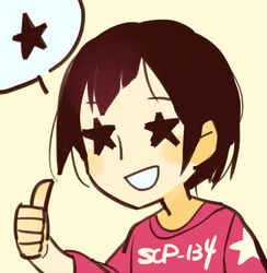  bad_id bad_pixiv_id black_hair blush_stickers female jotman lolicon lowres scp-134 scp_foundation short_hair solo speech_bubble star-shaped_pupils star_(symbol) symbol-shaped_pupils thumbs_up 