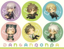  2girls 4boys ahoge asuda bad_id bad_pixiv_id braid brown_hair chibi danganronpa:_trigger_happy_havoc danganronpa_(series) danganronpa_2:_goodbye_despair galaga grey_eyes hair_ornament hairclip hinata_hajime hood hoodie jacket kirigiri_kyoko komaeda_nagito long_hair multiple_boys multiple_girls naegi_makoto nanami_chiaki necktie open_mouth pink_eyes pink_hair purple_eyes purple_hair school_uniform shirt short_hair skirt smile thighhighs togami_byakuya white_hair 