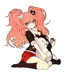  bad_id bad_pixiv_id big_hair bow breasts cleavage danganronpa:_trigger_happy_havoc danganronpa_(series) enoshima_junko female hair_ornament hairbow long_hair medium_breasts monokuma necktie pink_hair school_uniform skirt sleeves_rolled_up smile spoilers temk twintails 