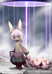  1other animal_ears commentary_request creature furry highres holding_hands made_in_abyss mitty_(made_in_abyss) nanachi_(made_in_abyss) red_eyes short_hair spoilers topless uchuu_ika whiskers white_hair yellow_eyes 