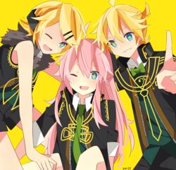  1boy 2girls absurdres artist_name blonde_hair blue_eyes bow bowtie brother_and_sister commentary fur_collar grin hair_ornament hairclip headphones headphones_around_neck highres kagamine_len kagamine_rin long_hair matching_outfits megurine_luka multiple_girls oerba_yun_fang one_eye_closed project_diva_(series) project_diva_f receiver_(module) remote_control_(vocaloid) short_hair short_ponytail siblings smile symbol-shaped_pupils transmitter_(module) twins v vocaloid yui_(22) 