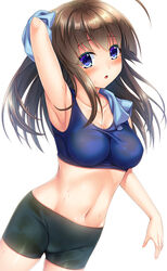  :o ahoge arm_behind_head arm_up armpits bike_shorts black_shorts blue_eyes blue_shirt blue_sports_bra blush breasts brown_hair cleavage collarbone commentary_request cowboy_shot drying dutch_angle female highres holding holding_towel long_hair looking_at_viewer medium_breasts navel noshimasa original parted_lips partial_commentary photoshop_(medium) see-through see-through_sports_bra shirt short_shorts shorts simple_background solo sports_bra standing sweat towel wet wet_clothes white_background 