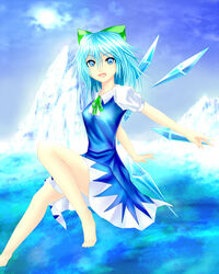  arched_back arms_behind_back bad_id bad_pixiv_id bare_legs barefoot blue_eyes blue_hair blue_sky bow cirno cloud dress el_(el406) female flying hairbow knee_up looking_at_viewer mountain open_mouth outstretched_arms puffy_short_sleeves puffy_sleeves ribbon short_hair short_sleeves sky solo sun teenage touhou water wings 