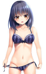  black_hair blue_bra blue_panties bow bow_bra bow_panties bra breasts brown_eyes collarbone commentary_request cowboy_shot female frilled_bra frilled_panties frills highres looking_at_viewer medium_breasts medium_hair navel noshimasa open_mouth original panties panty_pull partial_commentary photoshop_(medium) pulling_own_clothes side-tie_panties simple_background smile solo standing striped_bra striped_clothes striped_panties underwear untying vertical-striped_bra vertical-striped_clothes vertical-striped_panties white_background 