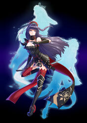  absurdres black_hair breasts chinese_commentary cleavage commentary_request female full_body fuuko_chan gloves highres holding holding_sword holding_weapon hologram honkai_(series) honkai_impact_3rd katana long_hair medium_breasts partial_commentary photoshop_(medium) purple_eyes raiden_mei raiden_mei_(shadow_dash) solo sword thighhighs weapon 