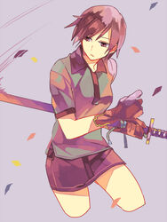  commentary_request cropped_legs etsusa_oohashi female gloves holding holding_sheath katana kuragesaki looking_to_the_side miniskirt purple_background purple_eyes purple_hair sheath sheathed short_hair skirt solo sword weapon yukimura_nazuna 