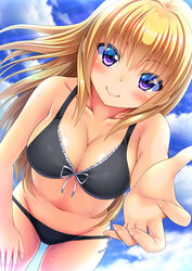  bikini black_bikini blonde_hair blue_skirt breasts c: cleavage closed_mouth cloud cloudy_sky collarbone commentary_request cowboy_shot day dutch_angle female foreshortening frilled_bikini frills from_below front-tie_bikini_top front-tie_top hand_on_own_thigh highres leaning_forward long_hair looking_at_viewer medium_breasts navel noshimasa original partial_commentary photoshop_(medium) purple_eyes reaching reaching_towards_viewer skirt sky smile solo standing swimsuit wet window 