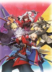  3girls 5boys blazblue blazblue:_cross_tag_battle commentary_request hanamura_yousuke hyde_(under_night_in-birth) kisaragi_jin linne multiple_boys multiple_girls narukami_yuu official_art persona persona_4:_the_ultimate_in_mayonaka_arena ragna_the_bloodedge ruby_rose rwby under_night_in-birth weiss_schnee 