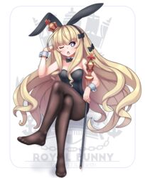  animal_ears arm_behind_head azur_lane bare_shoulders black_bow black_bowtie black_hairband black_leotard blonde_hair blue_eyes blunt_bangs bow bowtie breasts brown_pantyhose chestnut_mouth cleavage commentary_request crossed_legs crown detached_collar emblem fake_animal_ears female full_body hair_ribbon hairband highres kuronekozero leotard long_hair looking_at_viewer medium_breasts no_shoes one_eye_closed pantyhose playboy_bunny queen_elizabeth_(azur_lane) rabbit_ears ribbon royal_navy_emblem_(azur_lane) scepter sitting solo strapless strapless_leotard sweatdrop very_long_hair wrist_cuffs 