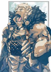  2018 absurd_res anthro armor biceps black_body black_feathers black_nose blonde_hair chains closed_eyes curtis_wuedti feathers felid fur hair hand_on_hip hi_res lion male mammal open_mouth pantherine solo standing tongue tongue_out whiskers yawn 