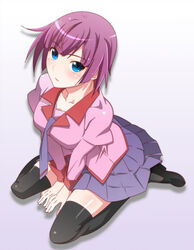  alternate_hairstyle bakemonogatari blue_eyes commentary_request female looking_at_viewer looking_up monogatari_(series) naoetsu_high_school_uniform purple_hair school_uniform senjougahara_hitagi short_hair solo spiceg thighhighs 