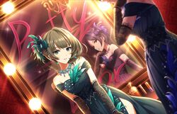  2girls artist_request bare_shoulders blue_dress bow breasts brown_hair cleavage dress dutch_angle earrings elbow_gloves feathers gem gloves green_dress green_eyes green_gemstone hair_ornament hairbow hayami_kanade highres idolmaster idolmaster_cinderella_girls idolmaster_cinderella_girls_starlight_stage jewelry lace light_smile looking_at_viewer makeup medium_breasts mirror mirrored_text mole mole_under_eye multiple_girls mysterious_eyes_(idolmaster) necklace official_art parted_bangs pretty_liar_(idolmaster) short_hair side_slit sleeveless sleeveless_dress smile standing takagaki_kaede tied_hair 