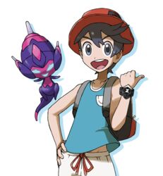  1boy backpack bag bare_shoulders black_eyes black_hair blank_eyes blue_eyes blue_shirt bracelet collarbone drop_shadow glowing glowing_eyes hand_on_hip hand_up happy hat jewelry looking_at_viewer male_focus matching_hair/eyes open_mouth poipole pokemon pokemon_(creature) pokemon_(game) pokemon_usum red_hat shirt short_hair shorts simple_background sleeveless sleeveless_shirt smile standing teeth teru_zeta ultra_beast white_background white_shorts you_(pokemon) you_(pokemon_usum) 