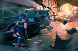  all_points_bulletin alternate_hair_color black_thighhighs blue_eyes blue_hair boots car commentary commission detached_sleeves explosion female gun hatsune_miku headset highres lasterk long_hair motor_vehicle on_one_knee panties photoshop_(medium) shotgun solo striped_clothes striped_panties thigh_boots thighhighs twintails underwear vocaloid weapon 