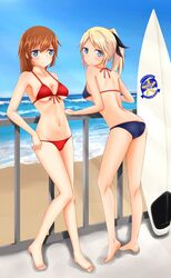  2girls beach bikini blonde_hair blue_eyes brown_hair charlotte_e._yeager commentary_request day katharine_ohare long_hair multiple_girls outdoors ponytail rasielcochma strike_witches strike_witches:_suomus_misfits_squadron surfboard swimsuit world_witches_series 